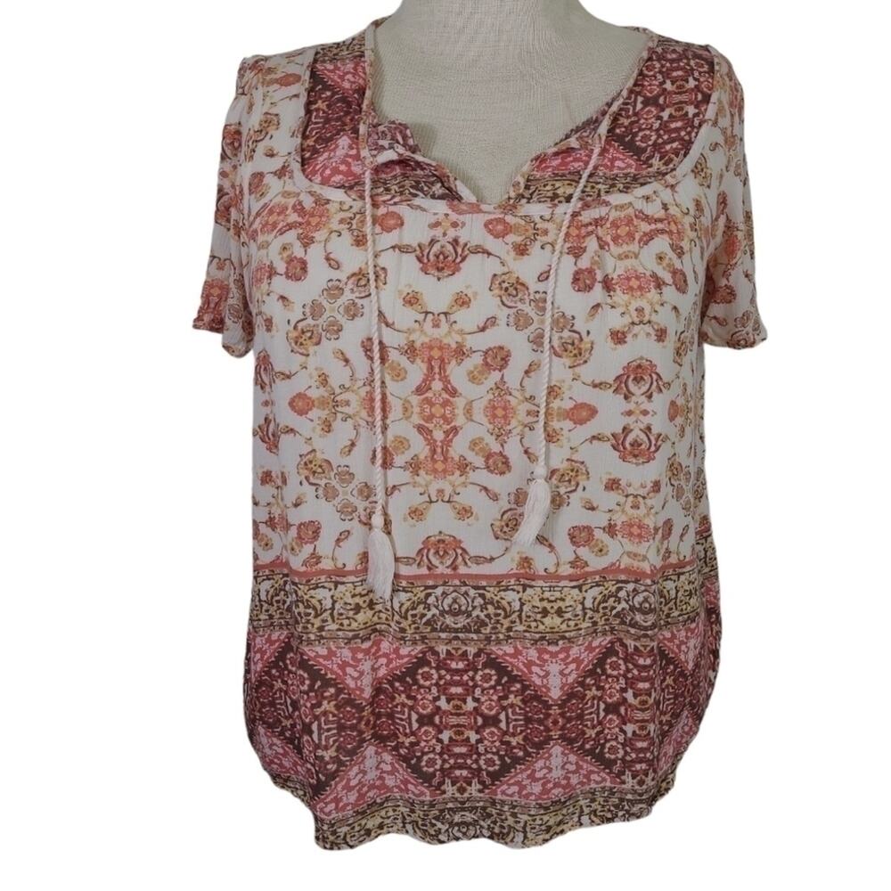 Hippie Laundry SZ 1X Peasant Top Boho Short Sleeve Lightweight Orange & Cream
